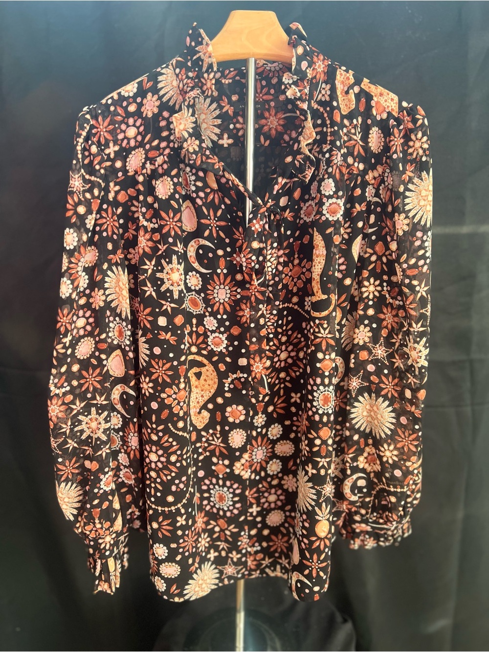 Ann Taylor Black Button-Down Blouse with Pink and Cream Paisley Floral Print